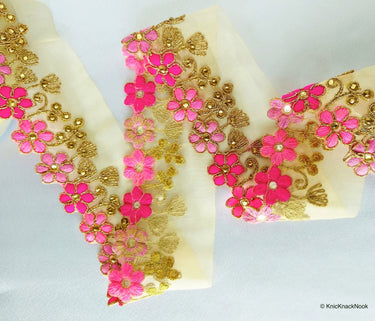 Gold Sheer Tissue Fabric Trim With Embroidered Pink & Gold Flowers, Embellished With Beads, Approx. 65 mm Wide - 210119L102